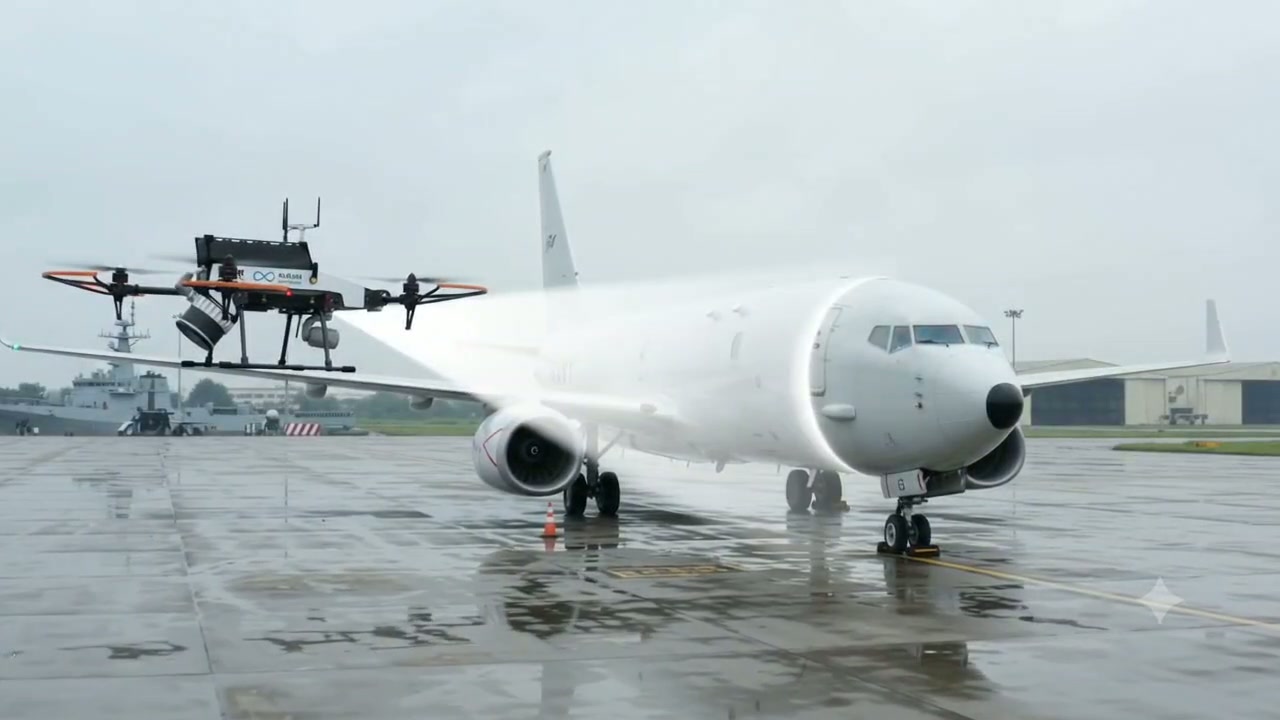 Drone Inspector beside a naval aircraft, still from the supplied video